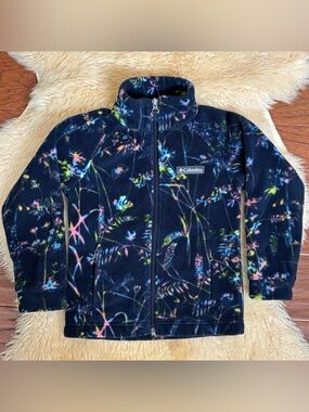Columbia Benton Fleece Zip Up Dark Blue Jacket Pink Floral Cozy Coat Youth 4/5